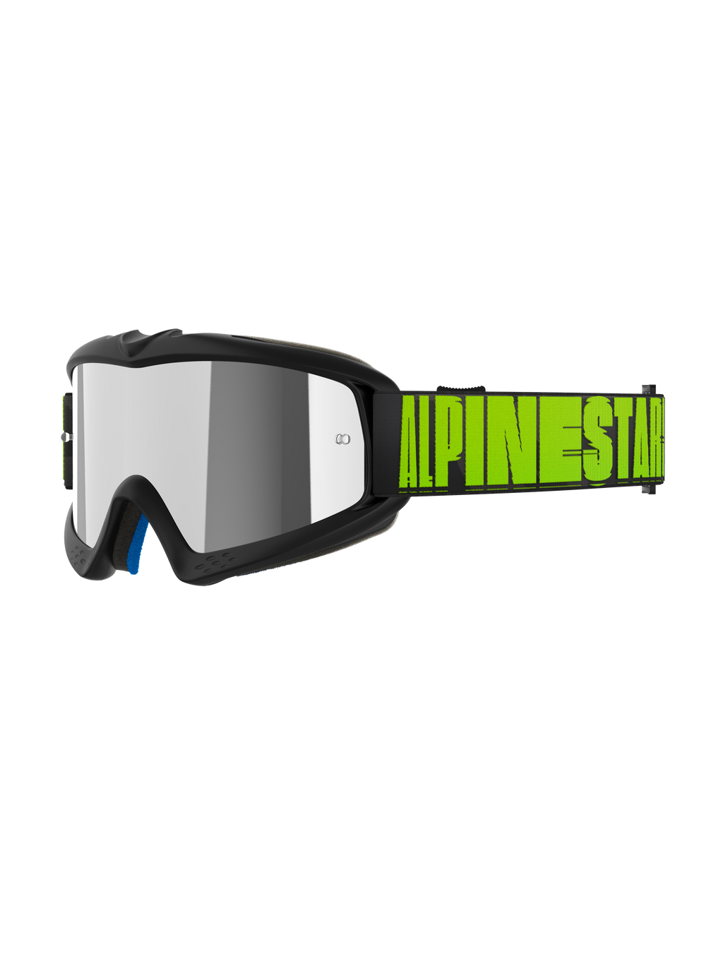 Óculos Alpinestars Vision Youth Hollow, óculos de motocross para jovens, em carvão e amarelo néon, lente refletora prateada espelhada, correia preta com logótipo Alpinestars em amarelo néon, espuma interior azul, ajuste especializado para jovens pilotos