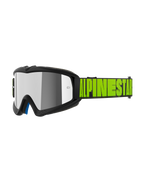Óculos Alpinestars Vision Youth Hollow, óculos de motocross para jovens, em carvão e amarelo néon, lente refletora prateada espelhada, correia preta com logótipo Alpinestars em amarelo néon, espuma interior azul, ajuste especializado para jovens pilotos