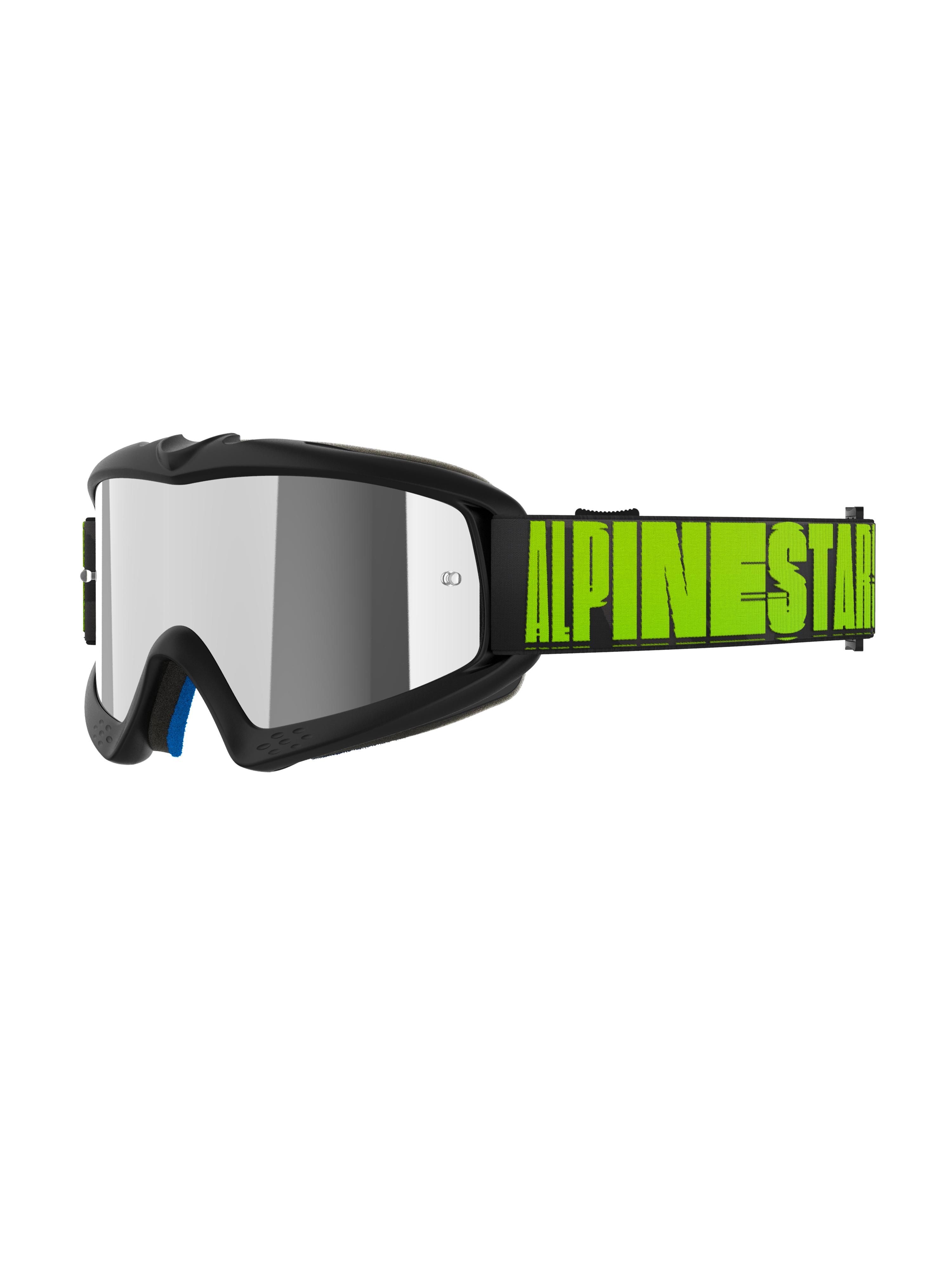 Alpinestars Vision Youth Hollow Goggles, Youth Motocross Goggles, Charcoal and Fluo Yellow, Mirror Silver reflective lens, black strap with bold neon yellow Alpinestars logo, blue interior padding, specialized fit for youth riders