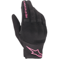 Luvas Alpinestars Stella Copper para mulher, luvas de motociclismo urbanas, pretas e fúcsia, com tecido de malha respirável e proteção rígida nos nós dos dedos coberta, marca Alpinestars cor-de-rosa no dedo indicador e no punho