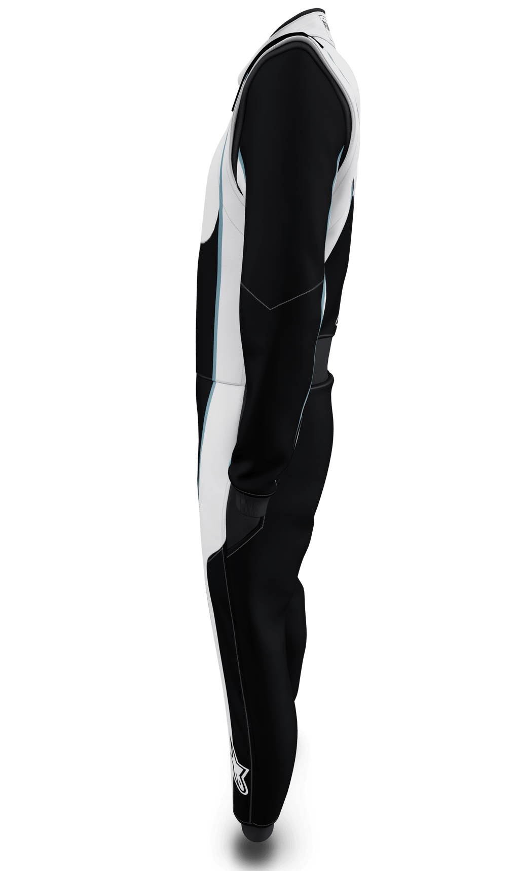 Alpinestars macacão Tech Vision V3 personalizado - FIA, perfil lateral, preto e branco com azul claro, em Nomex ignífugo.