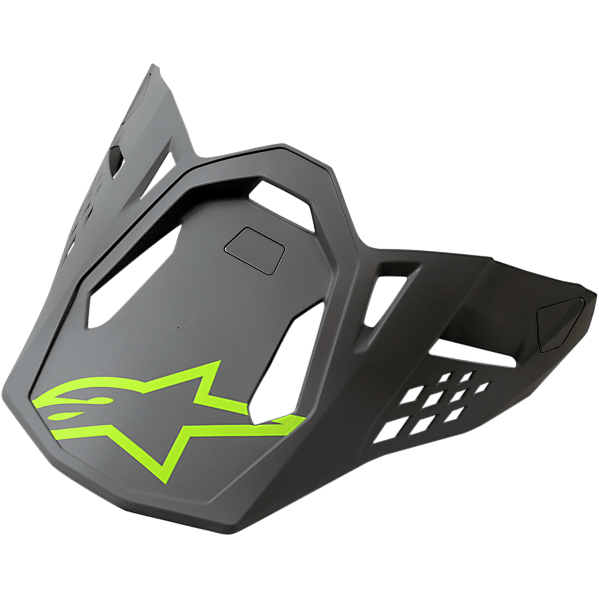 Viseira Alpinestars S-M8 Radium, viseira para capacete de motocross, cinzento com logótipo Alpinestars em amarelo néon, design aerodinâmico angular com aberturas de ventilação
