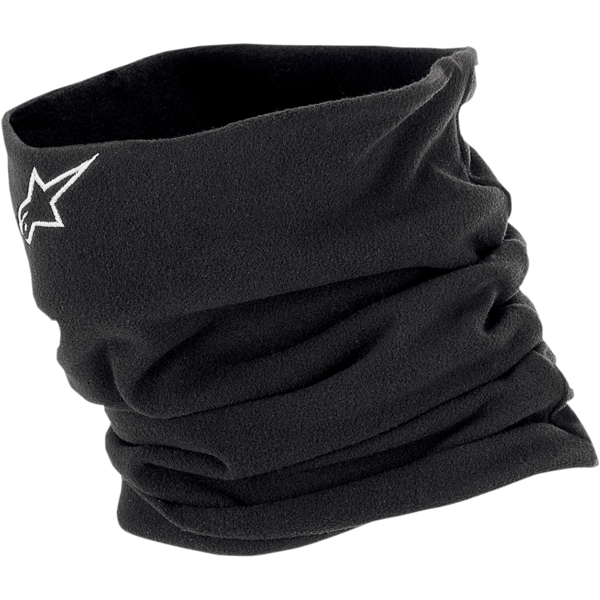 Alpinestars Neck Warmer, Black Fleece Tube Neck Gaiter, white embroidered star logo, double-layered insulating construction for wind protection, motorcycle cold weather base layer
