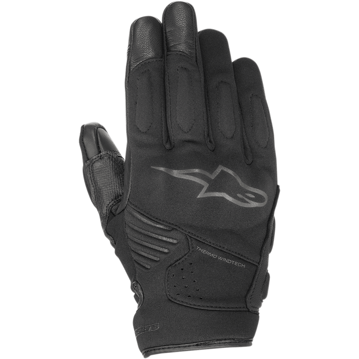 Luvas Alpinestars Faster, luvas de motociclismo pretas, com o logótipo da estrela Alpinestars e a marca Thermo Windtech, acolchoamento reforçado nos nós dos dedos e nos dedos, design de condução urbana multimaterial