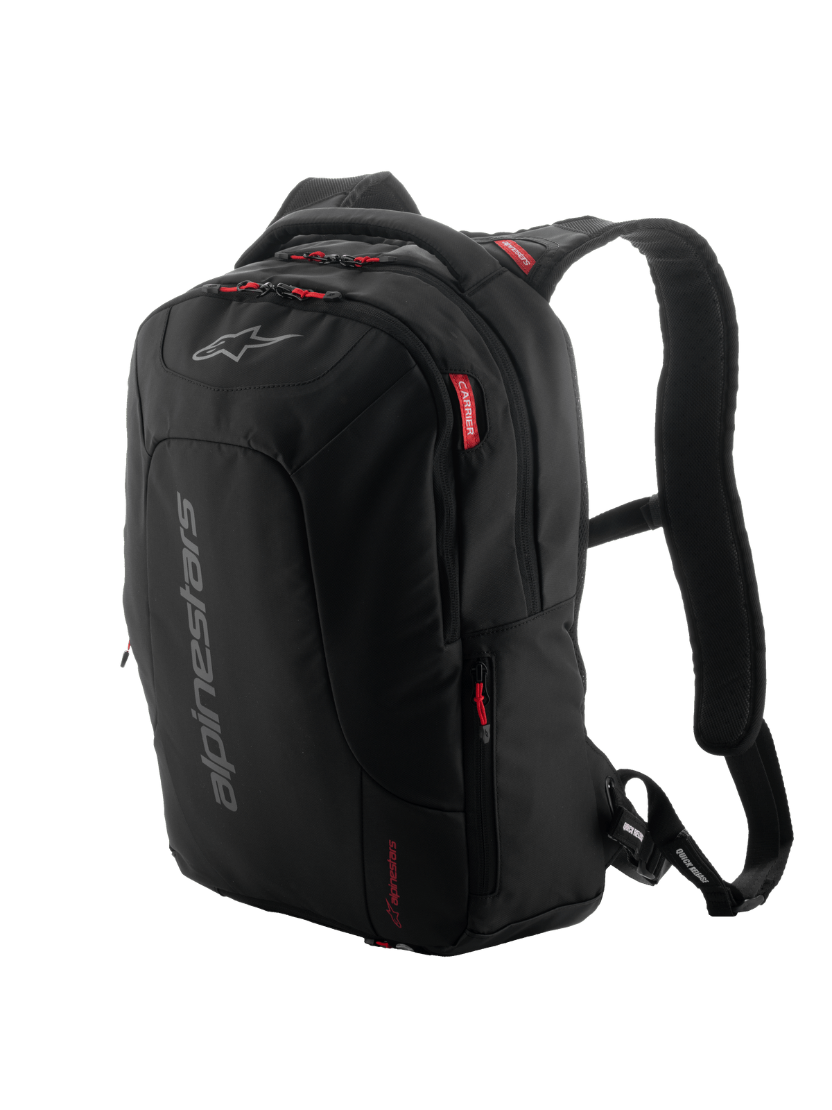Mochila Alpinestars City Hunter V2, mochila urbana de motociclismo, preta com puxadores de fecho e detalhes em vermelho, logótipo vertical cinzento, alças de ombro acolchoadas em malha, design afunilado para estabilidade ao conduzir