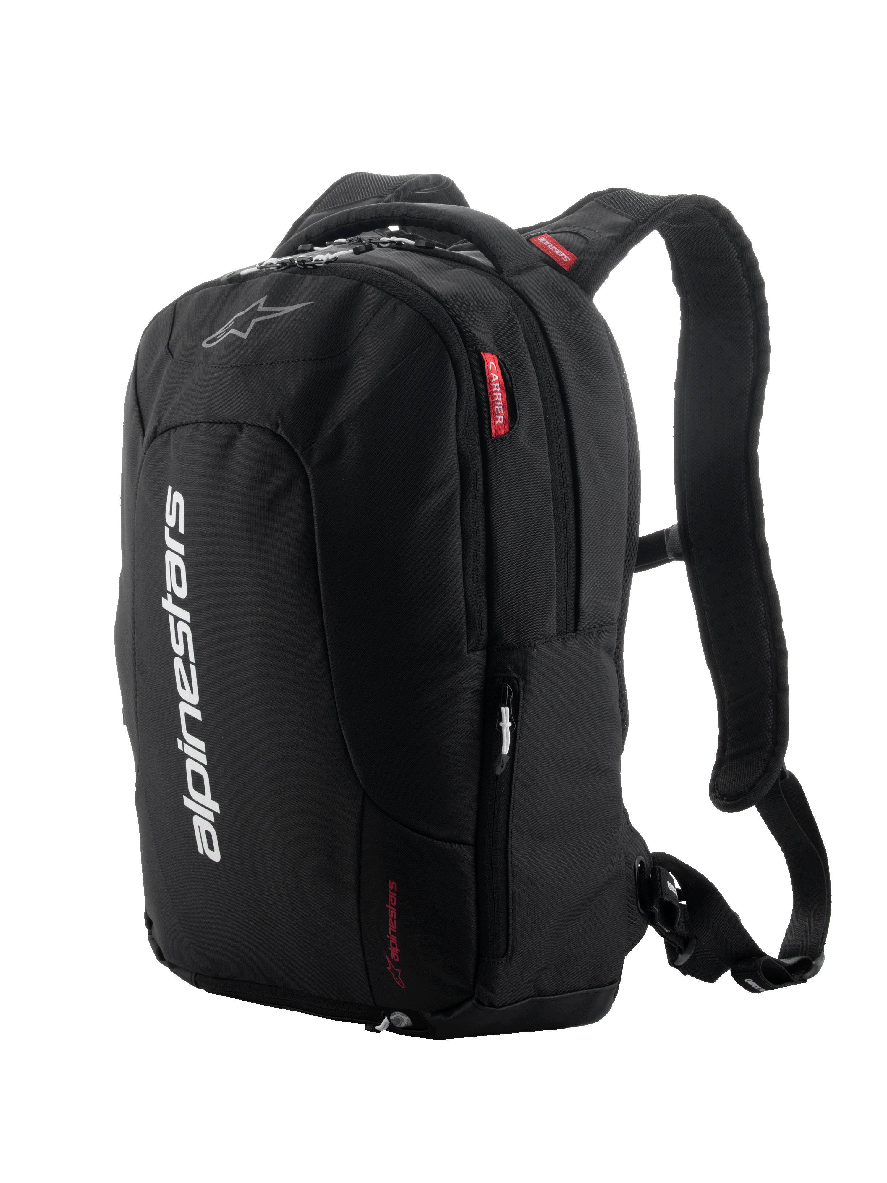 Alpinestars City Hunter V2 Backpack, Black with White and Red accents, Urban motorcycle backpack, Featuring padded mesh shoulder straps, multiple zippered compartments, vertical white branding, and red logo details, ergonomic design for riders