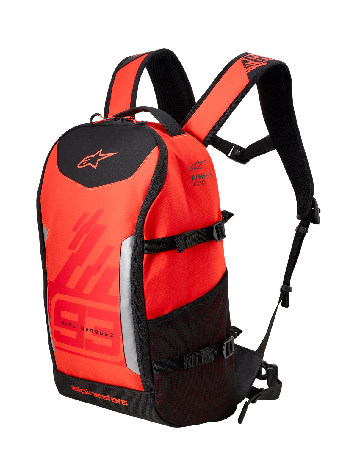 Mochila Alpinestars MM93 AMP3, mochila técnica de motociclismo, vermelho fluo e vermelho vivo com detalhes em preto, com branding Marc Marquez 93 e logótipos Alpinestars, alças de ombro ajustáveis, bolso lateral em malha e design têxtil estruturado