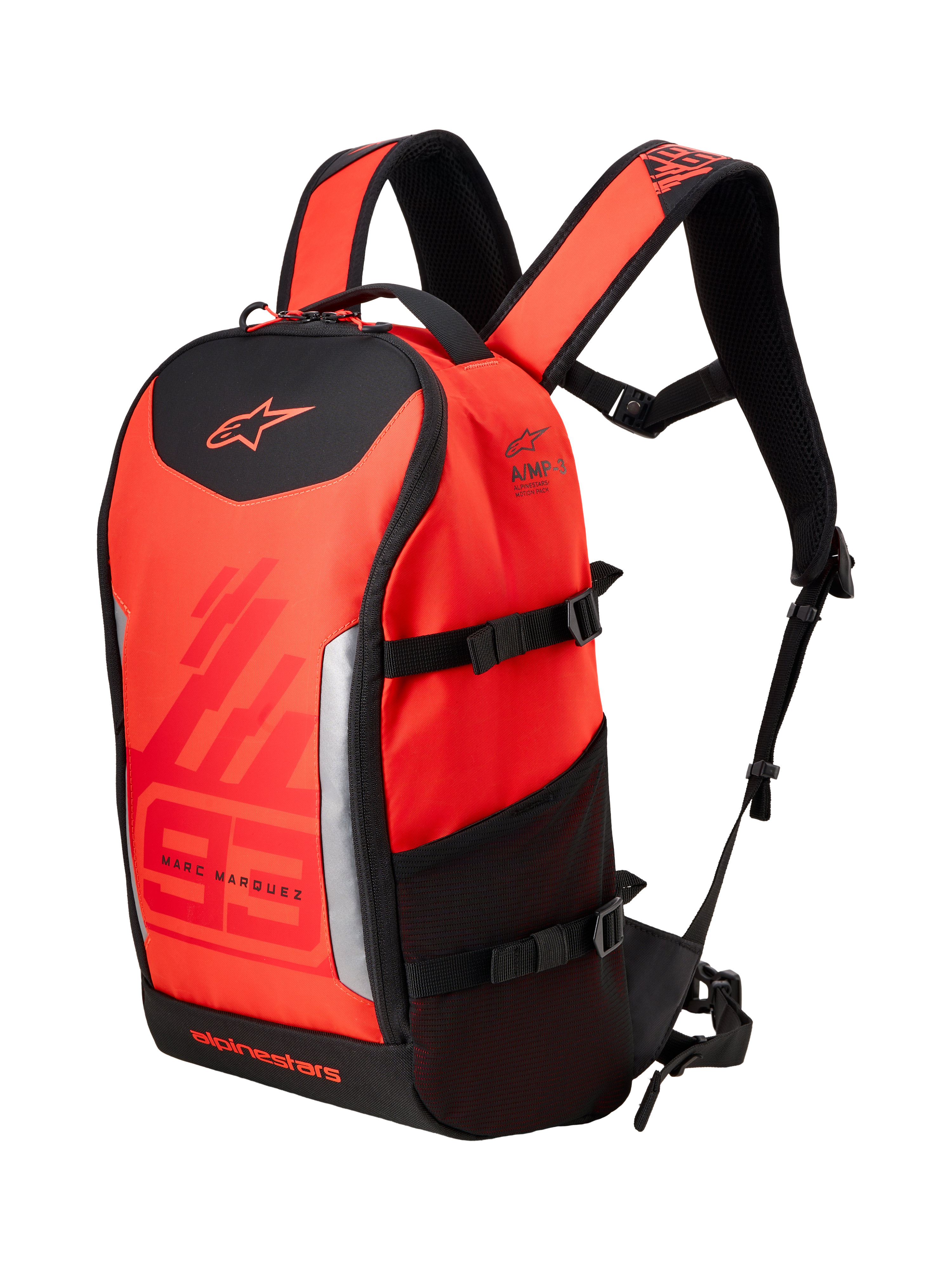 Mochila Alpinestars MM93 AMP3, mochila técnica de motociclismo, vermelho fluo e vermelho vivo com detalhes em preto, com branding Marc Marquez 93 e logótipos Alpinestars, alças de ombro ajustáveis, bolso lateral em malha e design têxtil estruturado