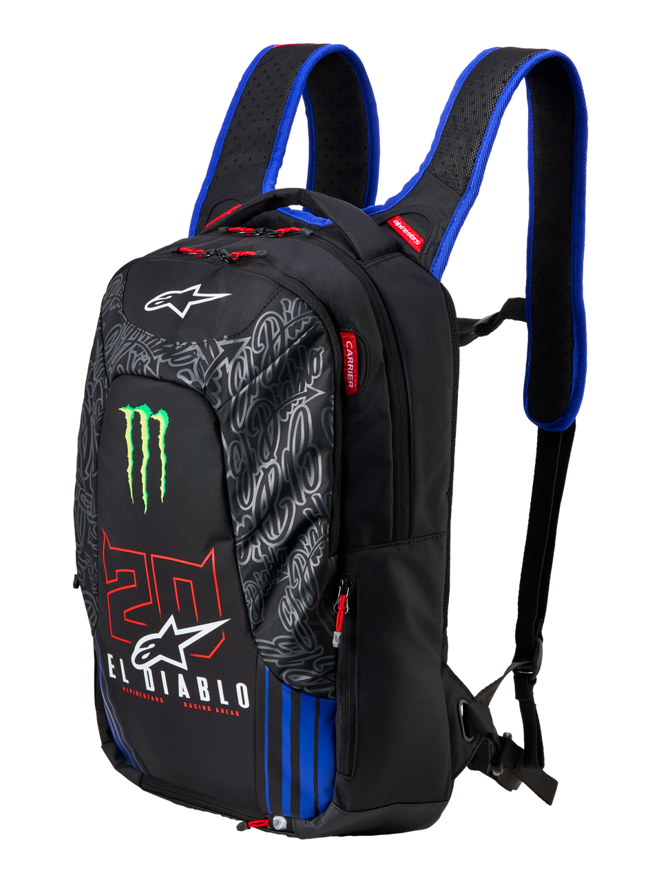 Alpinestars FQ20 City Hunter V2 Monster Backpack, mochila de motociclismo preta com alças de ombro azuis, apresentando o logótipo verde da garra Monster Energy, o número '20' vermelho e a marca 'El Diablo' branca, equipamento técnico de condução urbana com perfil afunilado.