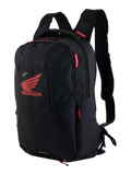 Mochila Honda City Hunter V2, mochila de motociclismo urbana, preta e vermelho vivo, com um grande logótipo da asa Honda vermelho e marca Alpinestars, múltiplos compartimentos com fecho e puxadores vermelhos, design ergonómico com alças acolchoadas em malha 3D
