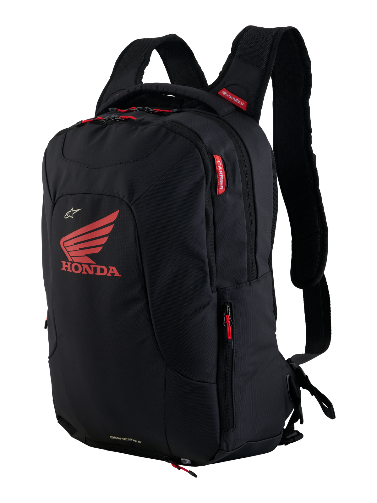 Mochila Honda City Hunter V2, mochila de motociclismo urbana, preta e vermelho vivo, com um grande logótipo da asa Honda vermelho e marca Alpinestars, múltiplos compartimentos com fecho e puxadores vermelhos, design ergonómico com alças acolchoadas em malha 3D