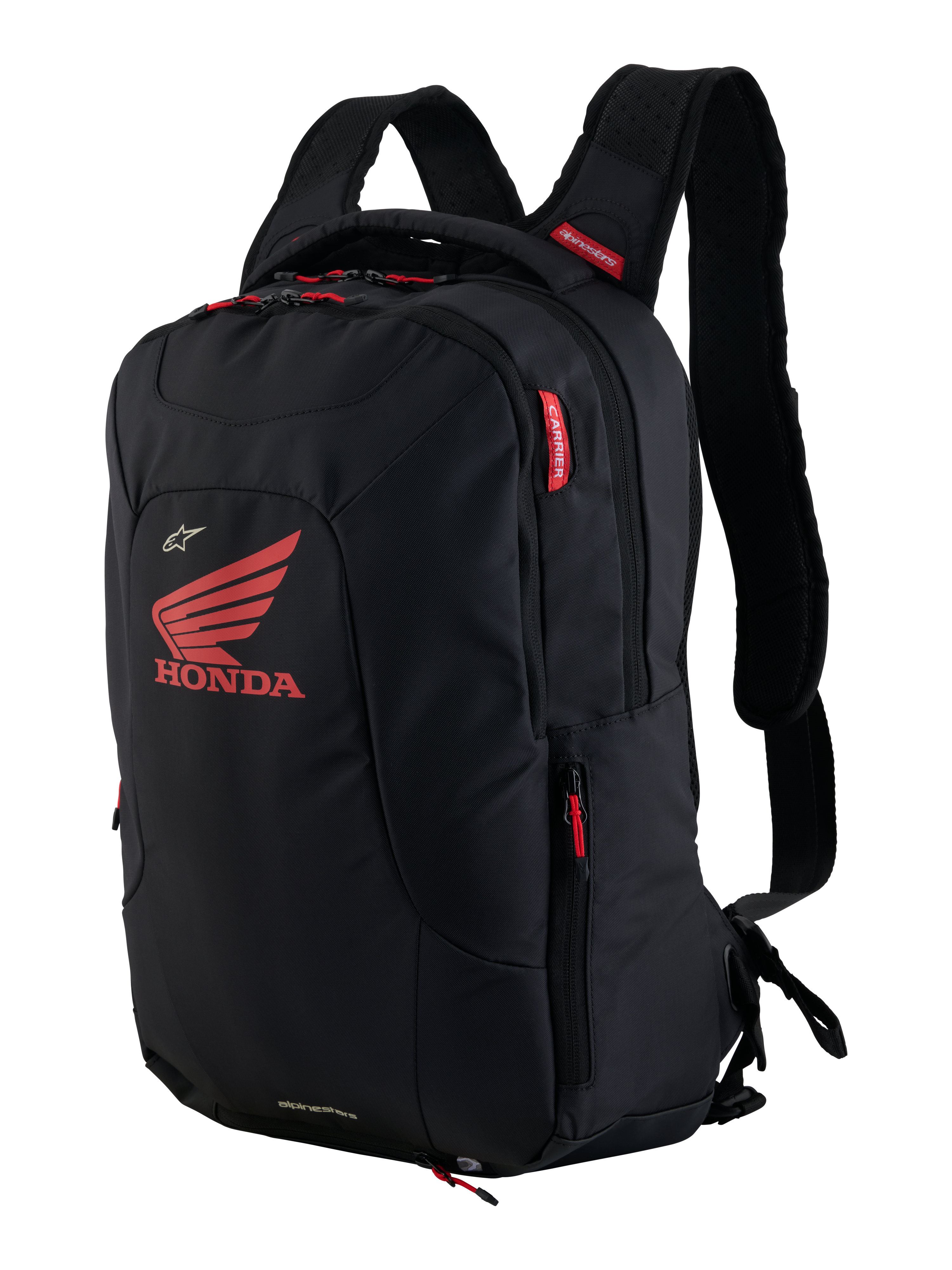 Mochila Honda City Hunter V2, mochila de motociclismo urbana, preta e vermelho vivo, com um grande logótipo da asa Honda vermelho e marca Alpinestars, múltiplos compartimentos com fecho e puxadores vermelhos, design ergonómico com alças acolchoadas em malha 3D