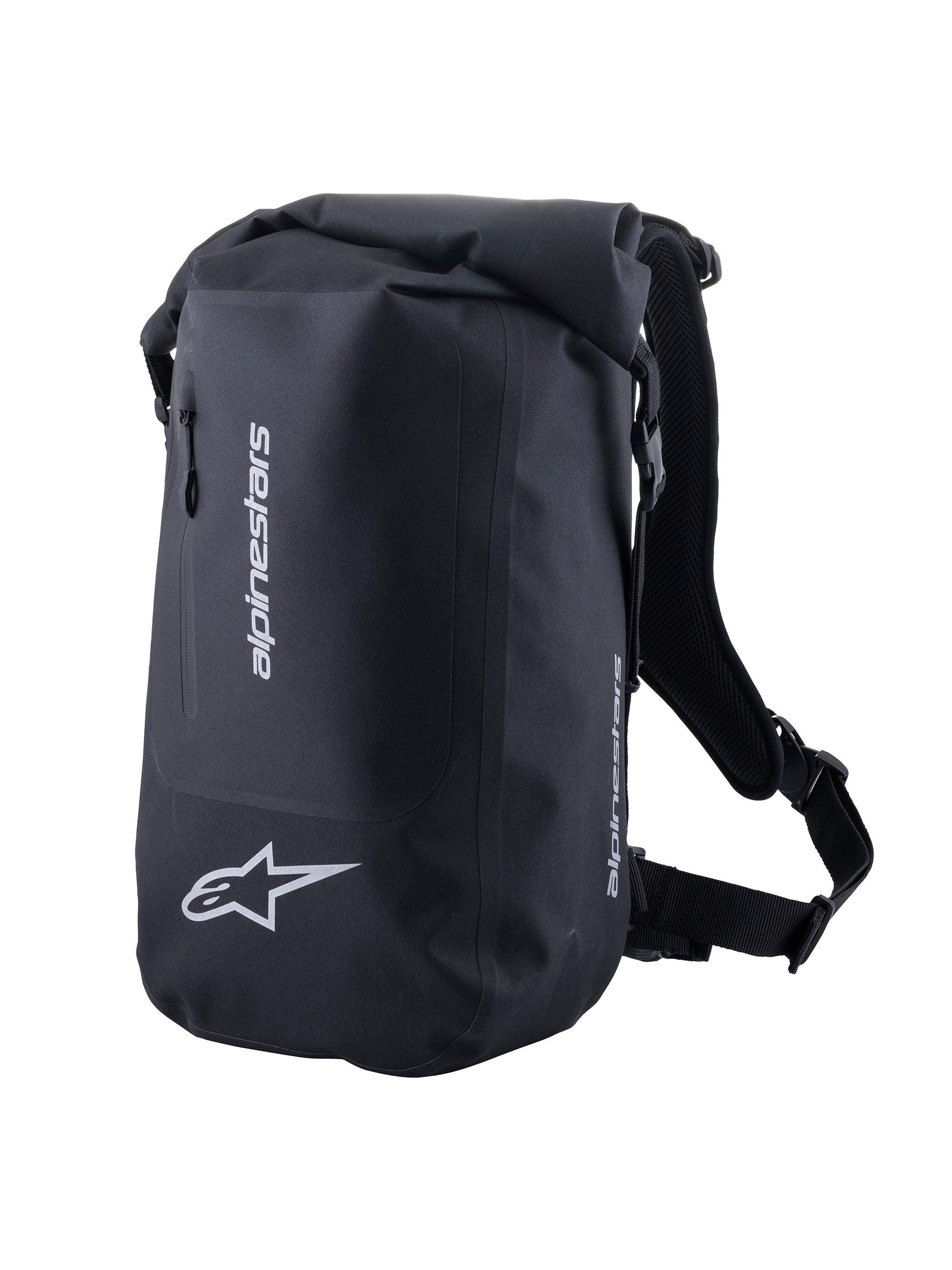 Alpinestars Sealed Sport Pack, bolsa desportiva de moto impermeável, preta, com fecho de enrolar e logótipos refletores, ideal para condução desportiva.