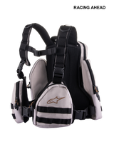 Alpinestars Techdura Tactical Pack, Modular Off-Road Backpack, Warm Gray and Black, featuring detachable front pouches, MOLLE webbing, 3D mesh back panel, and adjustable straps with plastic buckles, technical gear for enduro and trail riding