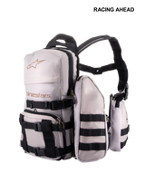 Alpinestars Techdura Tactical Pack, Off-Road and Enduro Backpack, Warm Gray and Black, modular design with detachable pouches, featuring MOLLE webbing and adjustable black straps, durable construction for carrying trail essentials