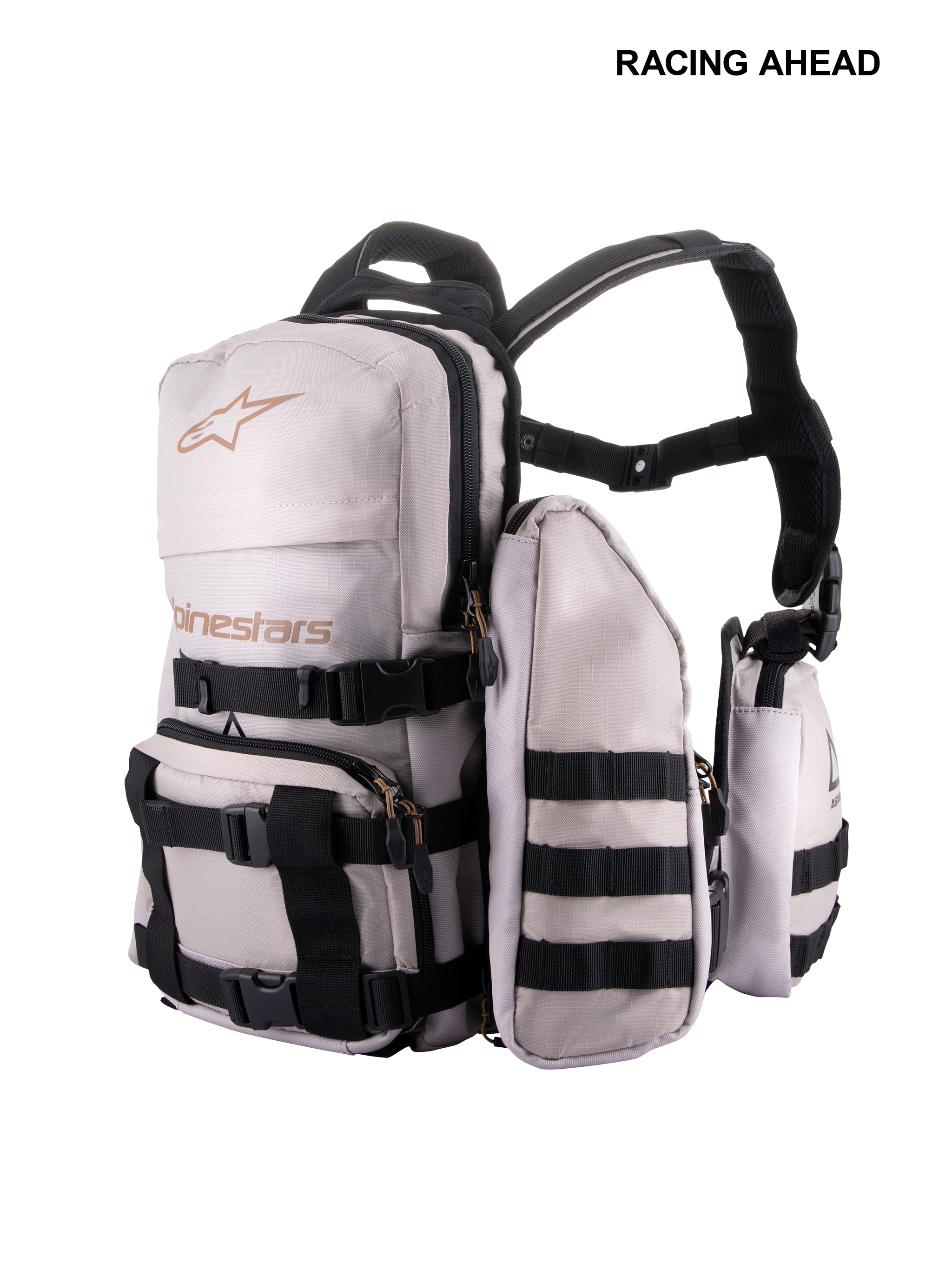 Alpinestars Techdura Tactical Pack, Off-Road and Enduro Backpack, Warm Gray and Black, modular design with detachable pouches, featuring MOLLE webbing and adjustable black straps, durable construction for carrying trail essentials