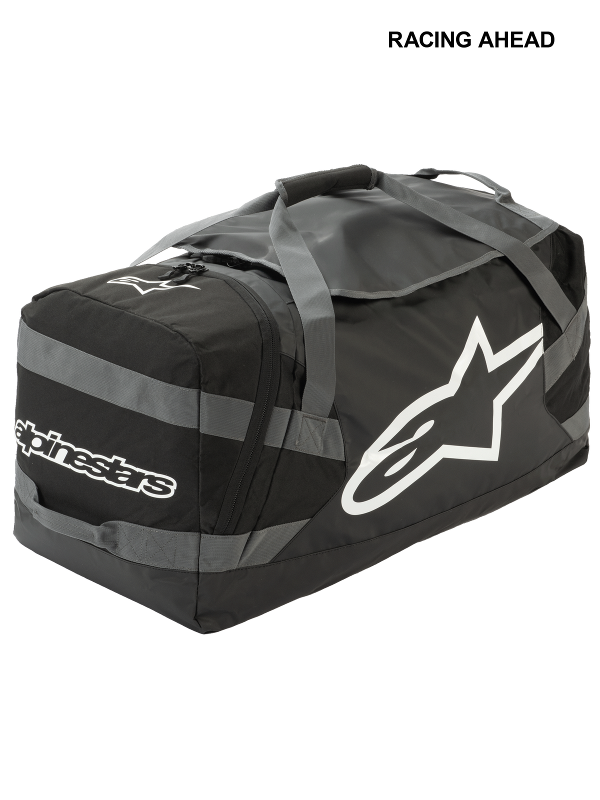 Alpinestars Goanna Bag, Motocross Duffle Bag, Black and Anthracite Gray with White logos, features large side star logo and wordmark, durable tarpaulin base, reinforced carry straps, large gear storage for off-road racing