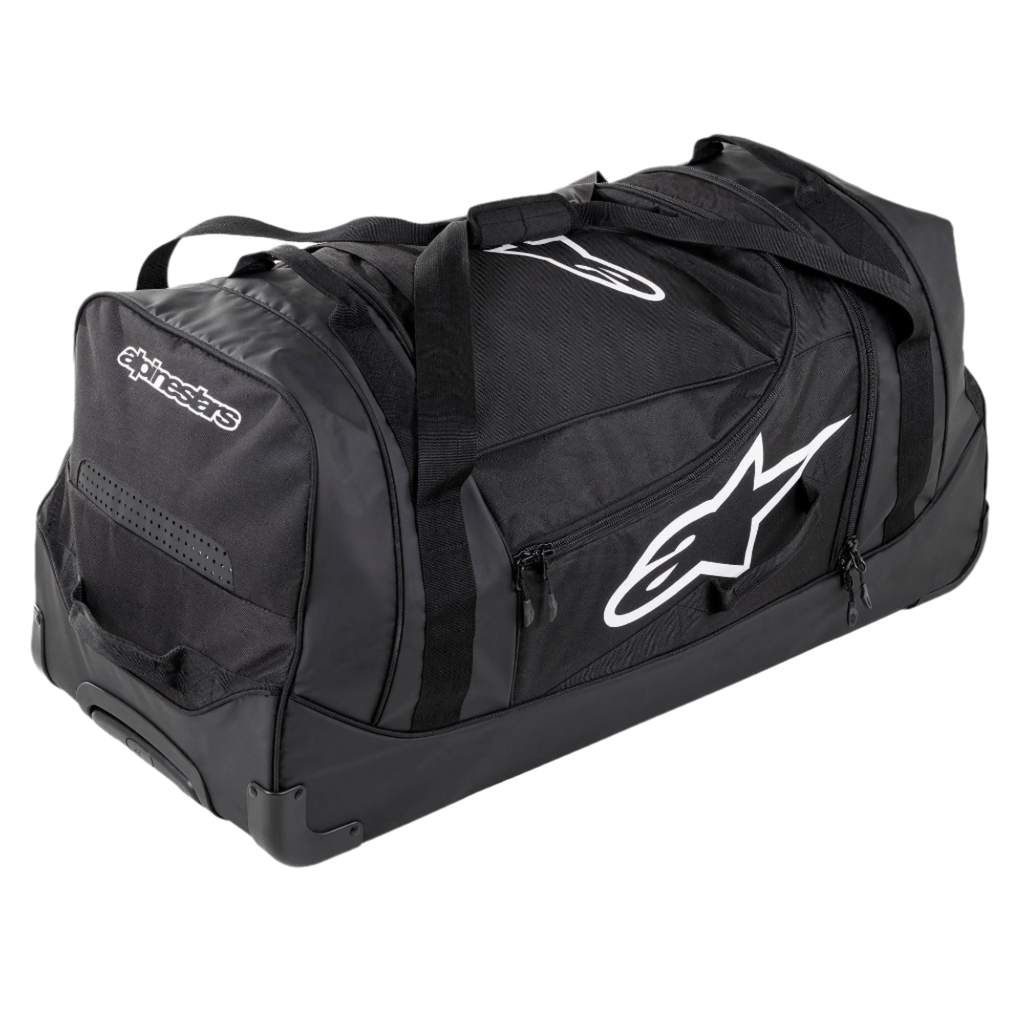 Saco de Viagem Alpinestars Komodo, saco de equipamento de grande capacidade, preto com logótipos Alpinestars brancos, com rodas de alta resistência, pegas reforçadas e vários compartimentos com fecho para arrumação organizada de equipamento de corrida