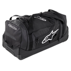 Saco de Viagem Alpinestars Komodo, saco de equipamento de grande capacidade, preto com logótipos Alpinestars brancos, com rodas de alta resistência, pegas reforçadas e vários compartimentos com fecho para arrumação organizada de equipamento de corrida
