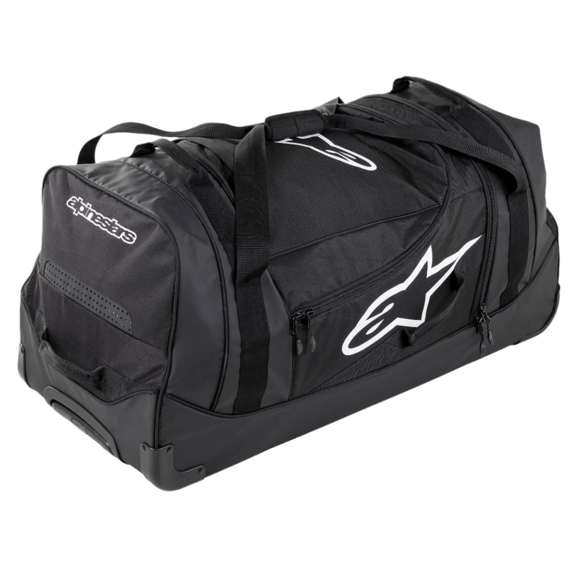 Saco de Viagem Alpinestars Komodo, saco de equipamento de grande capacidade, preto com logótipos Alpinestars brancos, com rodas de alta resistência, pegas reforçadas e vários compartimentos com fecho para arrumação organizada de equipamento de corrida