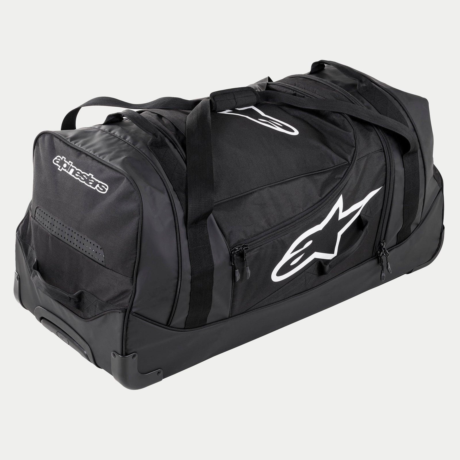Alpinestars Komodo Travel Bag, saco de equipamento de motocross grande em preto e antracite com logótipos brancos, com rodas e pega telescópica, construção durável para o transporte de equipamento de competição