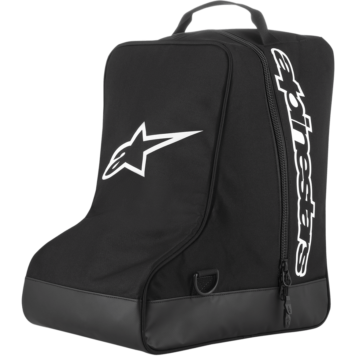 Saco para Botas Alpinestars, armazenamento de equipamento de motocross, preto com logótipo de estrela branca e marca nominativa vertical, pega de transporte superior, base de lona reforçada, poliéster 600D durável, concebido para calçado de todo-o-terreno