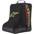Alpinestars Boot Bag, preto e amarelo, saco de arrumação para equipamento de motocross, fecho vermelho e pega azul, com grande logótipo de estrela amarela e marca Alpinestars, base em lona durável, mala especializada para botas de motocross