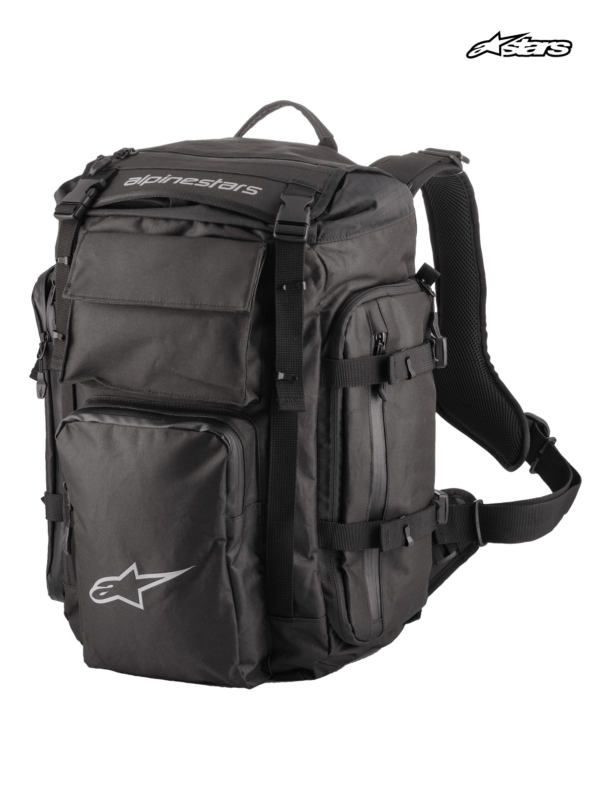 Alpinestars Mochila Rover Overland, mochila de moto adventure, preta, com capacidade de 39 litros, design roll-top e compartimento frontal compressível