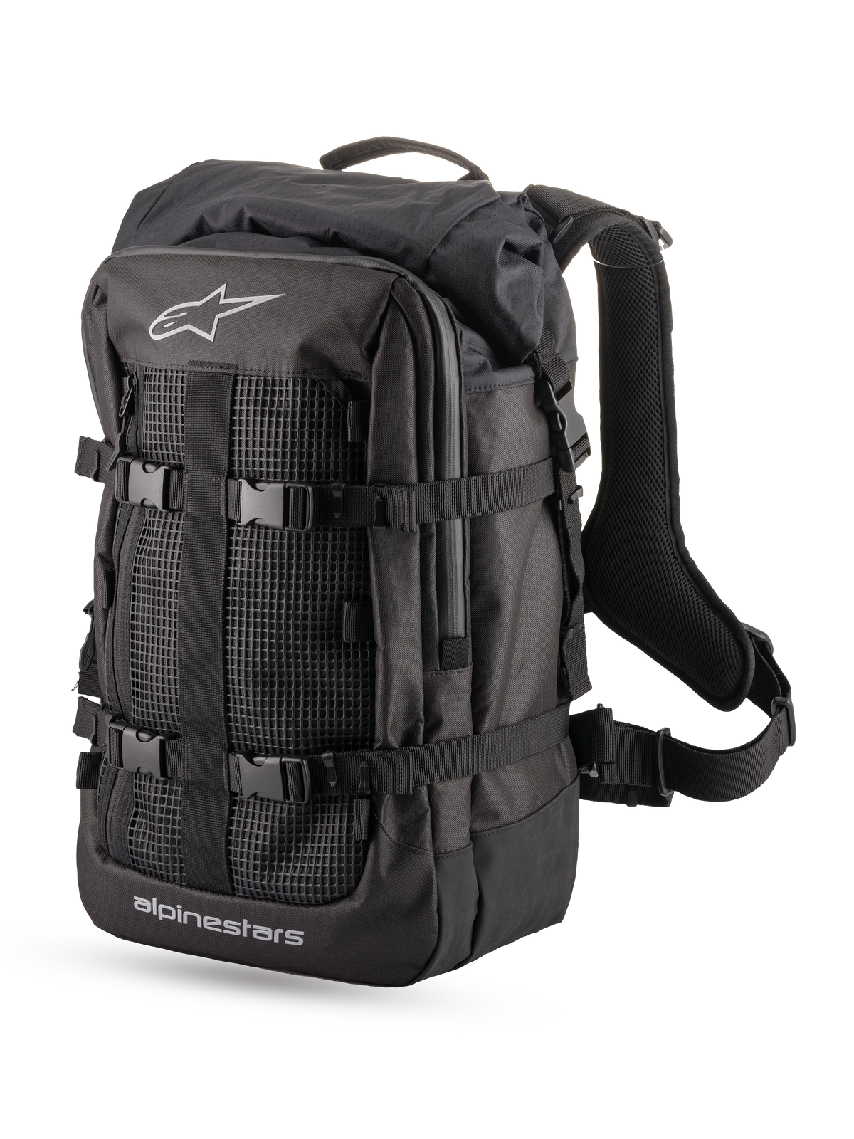 Alpinestars Mochila Rover Multi, mochila de moto adventure touring, preta, capacidade de 32,4 litros com fecho de enrolar, correias de compressão e painel frontal em rede com logótipo