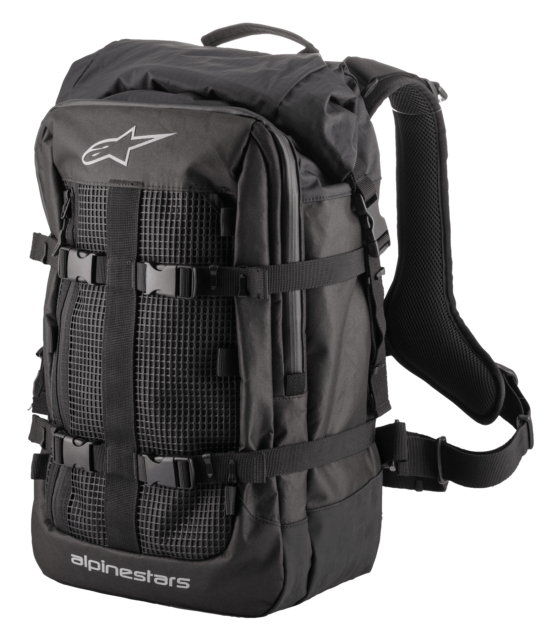 Alpinestars Rover Multi Backpack, Adventure Touring Backpack, Black, featuring a mesh front panel, adjustable compression straps with buckles, padded ergonomic shoulder straps, and robust textile construction for motorcycle commuting and adventure riding
