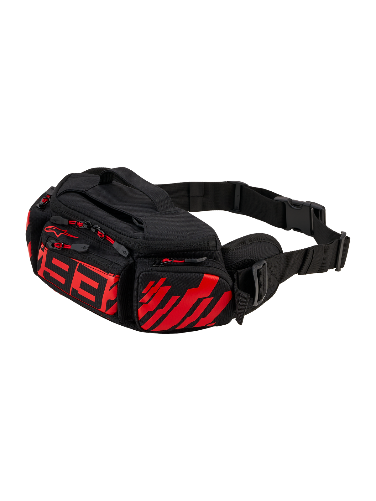 Alpinestars MM93 Waist Bag, bolsa de cintura para motociclismo, preta com detalhes em vermelho fluo e vermelho vivo, logótipo 93 estilizado na frente, vários compartimentos com fecho e puxadores vermelhos, correia de cintura ajustável com fivela, construção em têxtil durável