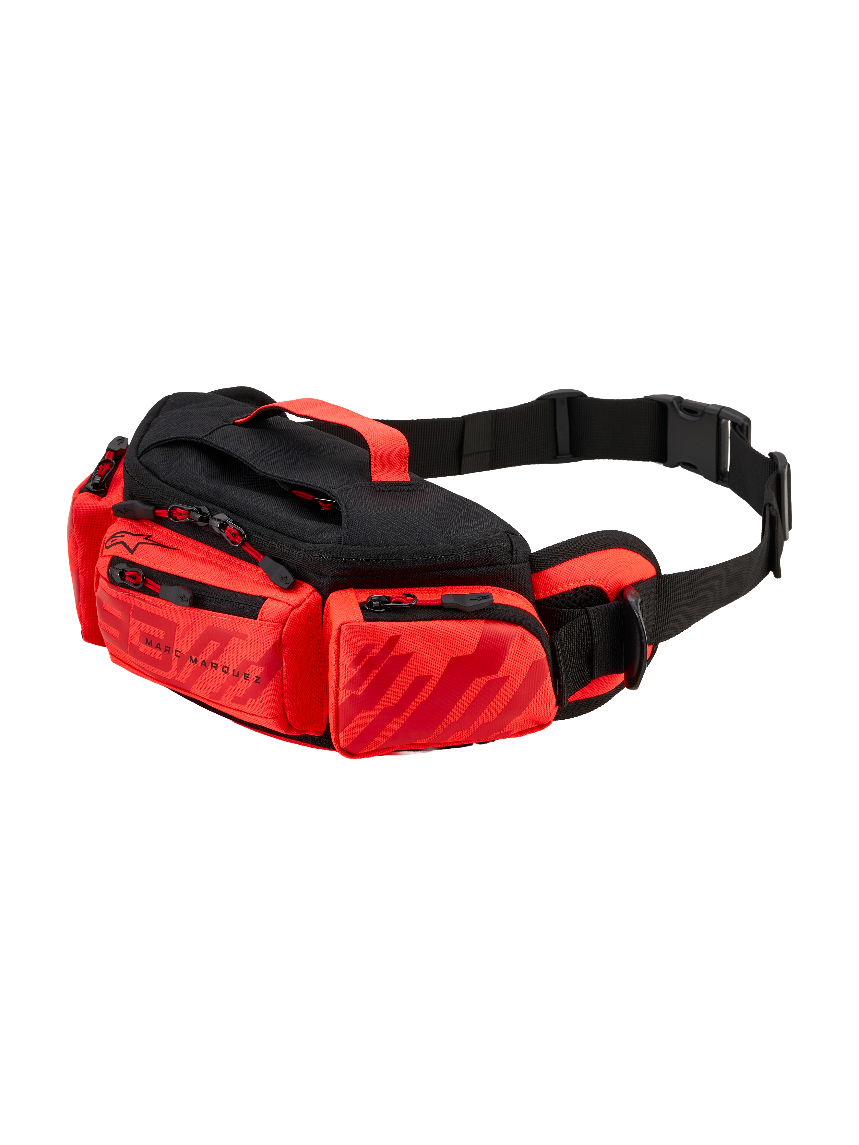 Alpinestars MM93 Waist Bag, bolsa de cintura para motociclismo, vermelho vivo, vermelho néon e preto, com grafismos Marc Marquez, vários compartimentos com fecho de correr, correia de cintura ajustável com fivela e pega superior