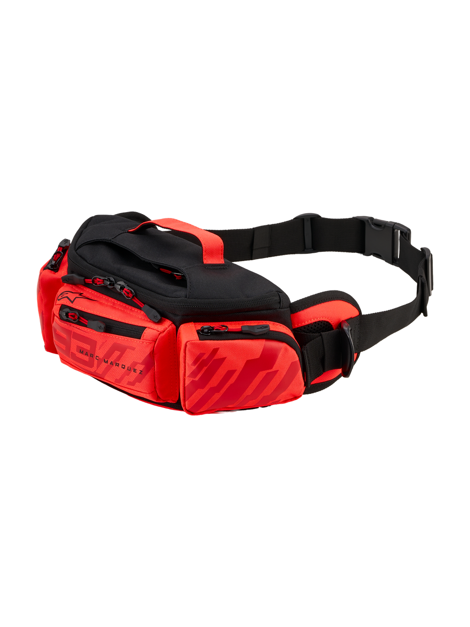 Alpinestars MM93 Waist Bag, bolsa de cintura para motociclismo, vermelho vivo, vermelho néon e preto, com grafismos Marc Marquez, vários compartimentos com fecho de correr, correia de cintura ajustável com fivela e pega superior
