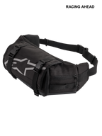 Alpinestars Tech Tool Pack, Black, durable motorcycle tool waist bag, featuring grey Alpinestars star logo, adjustable compression straps with plastic buckles, and zippered side compartments for enduro and off-road use