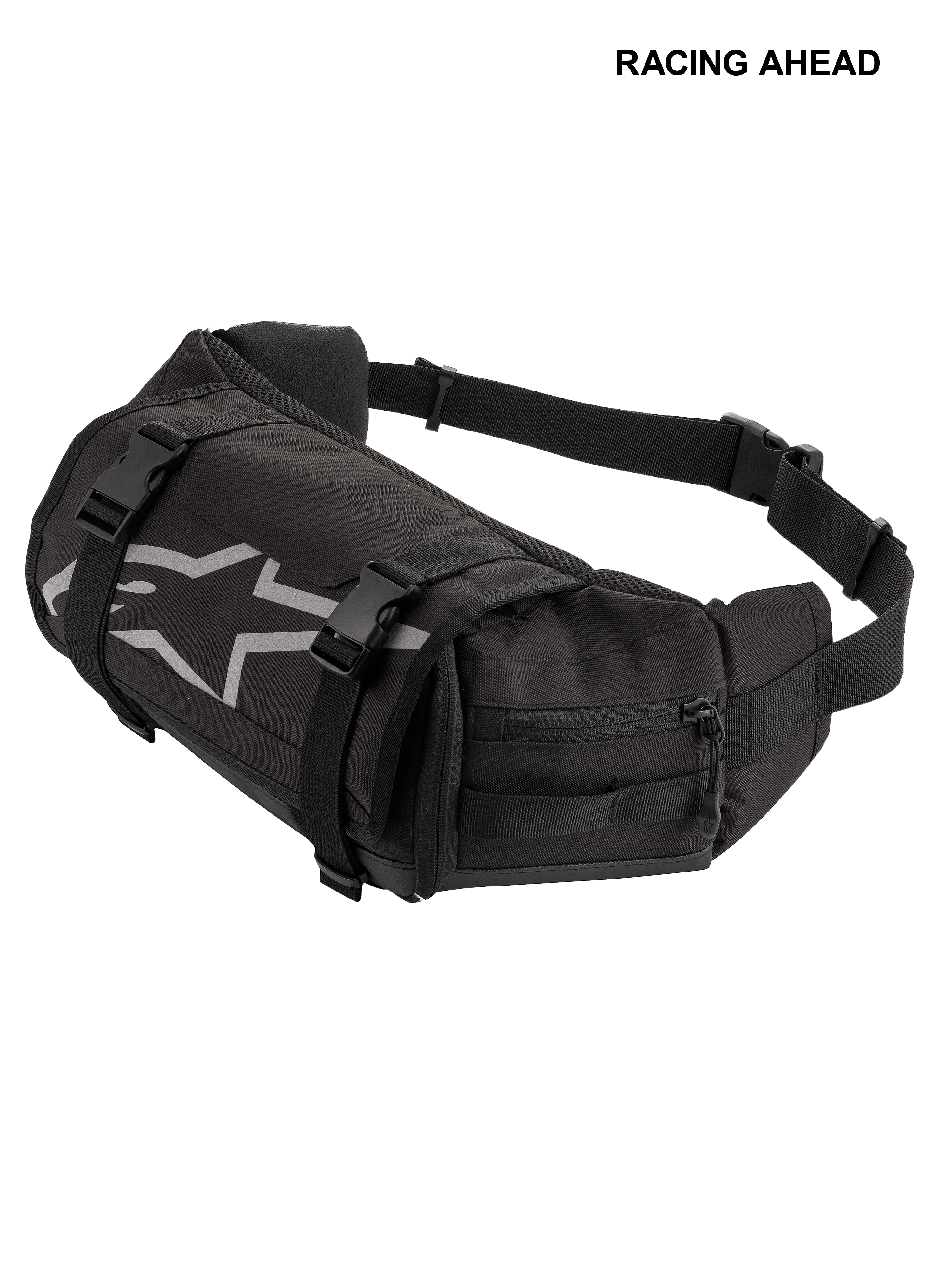Alpinestars Tech Tool Pack, preta, bolsa de cintura durável para ferramentas de motociclismo, com logótipo de estrela Alpinestars em cinzento, correias de compressão ajustáveis com fivelas de plástico e compartimentos laterais com fecho de correr para uso em enduro e todo-o-terreno