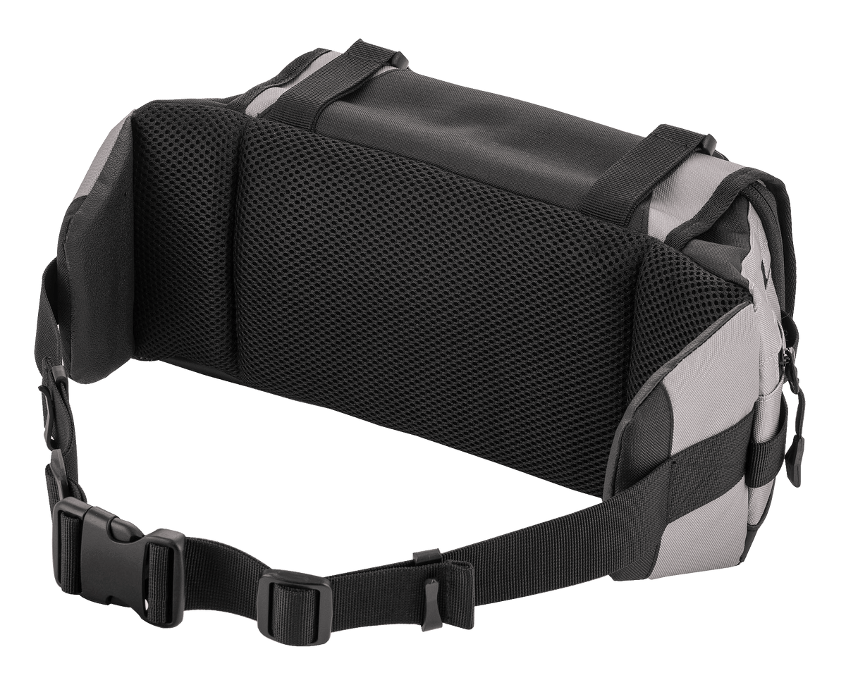 Alpinestars Tech Tool Pack, cinzento e preto, vista traseira com almofada traseira em malha de ar para ventilação e conforto, correia de cintura ajustável com fivela resistente, construção têxtil durável para condução off-road e Enduro