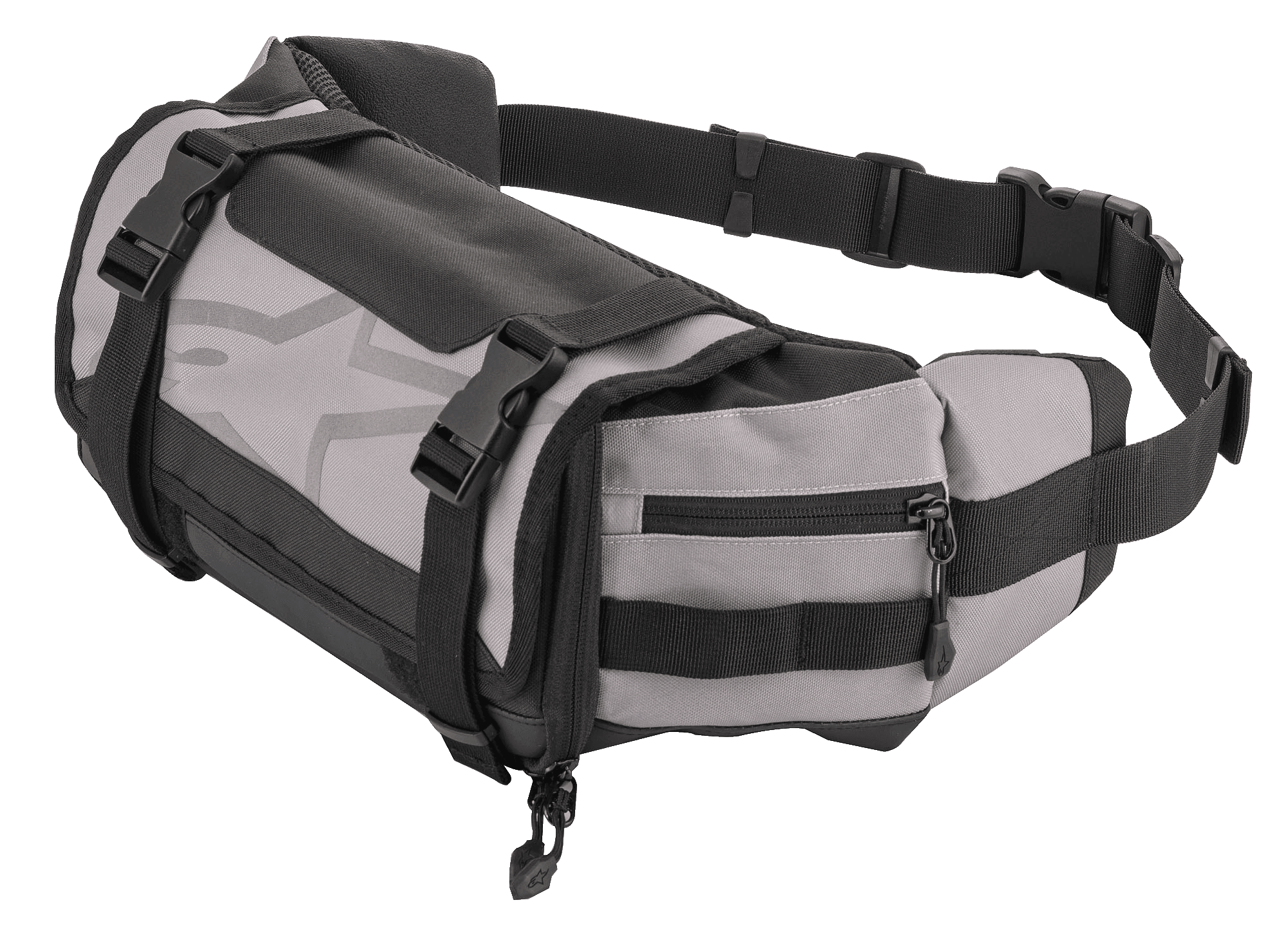 Alpinestars Tech Tool Pack, bolsa de cintura de enduro cinzenta e preta, armazenamento de ferramentas para mota, alças ajustáveis com fivelas de plástico, logótipo de estrela grande, construção em tecido durável, design compacto