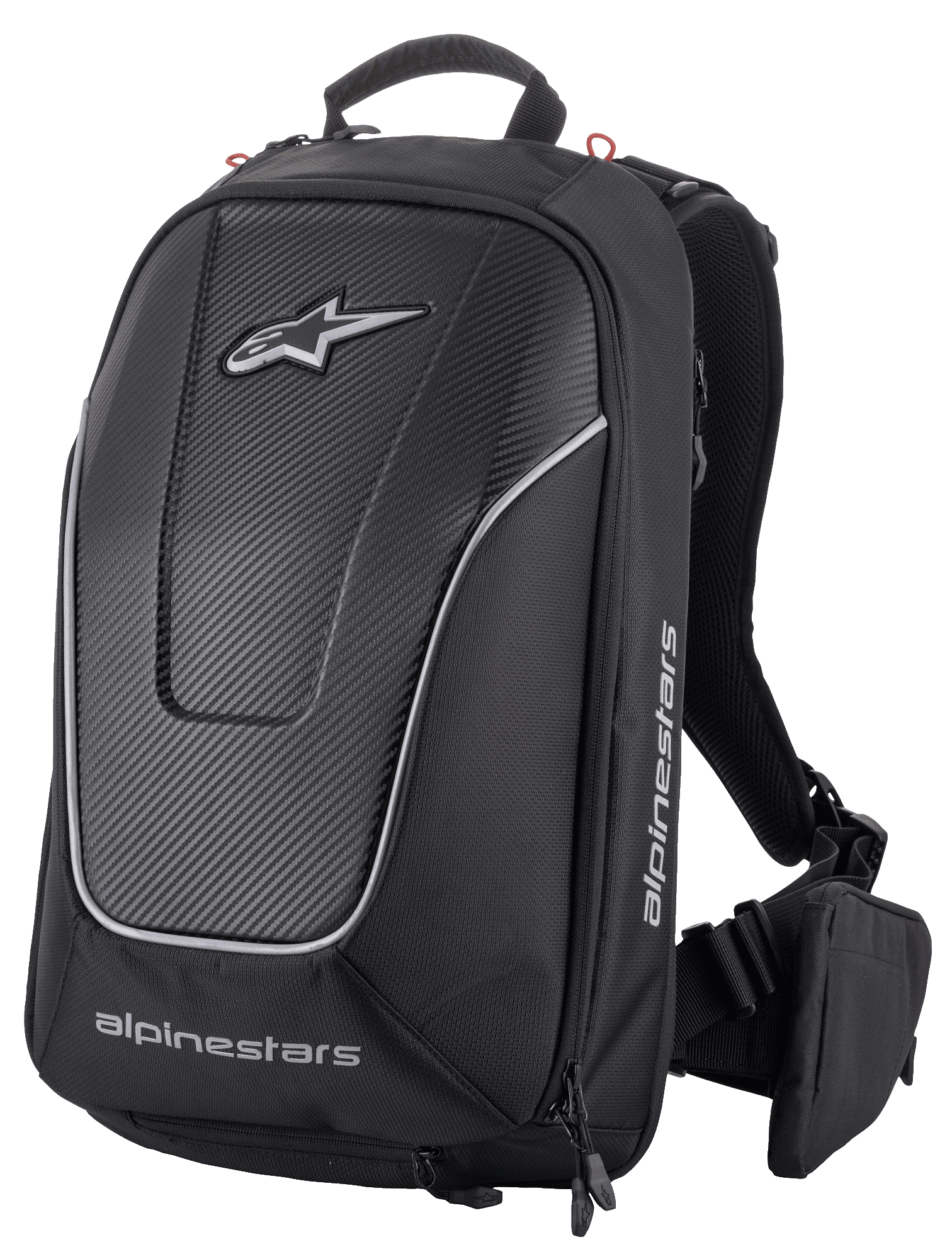 Alpinestars Charger Pro Backpack, mochila de motociclismo preta, aerodinâmica e semirrígida, painel frontal com textura de fibra de carbono e vivos prateados refletores, logótipos Alpinestars brancos, alças acolchoadas e bolsa de cintura removível, design desportivo de condução