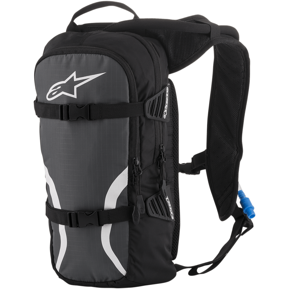Mochila de Hidratação Alpinestars Iguana, mochila de hidratação para todo-o-terreno, preto, antracite e branco, com alças de ombro acolchoadas em malha, correias de compressão frontais com fivelas, compartimentos com fecho de correr e um tubo de hidratação azul com bocal