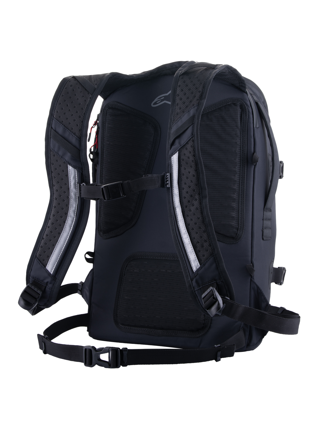 Mochila Alpinestars AMP-7, mochila técnica para motociclismo, preta, vista traseira com alças de ombro ergonómicas, acolchoadas e ventiladas, painel traseiro em malha respirável, fita peitoral e sistema de cinta abdominal