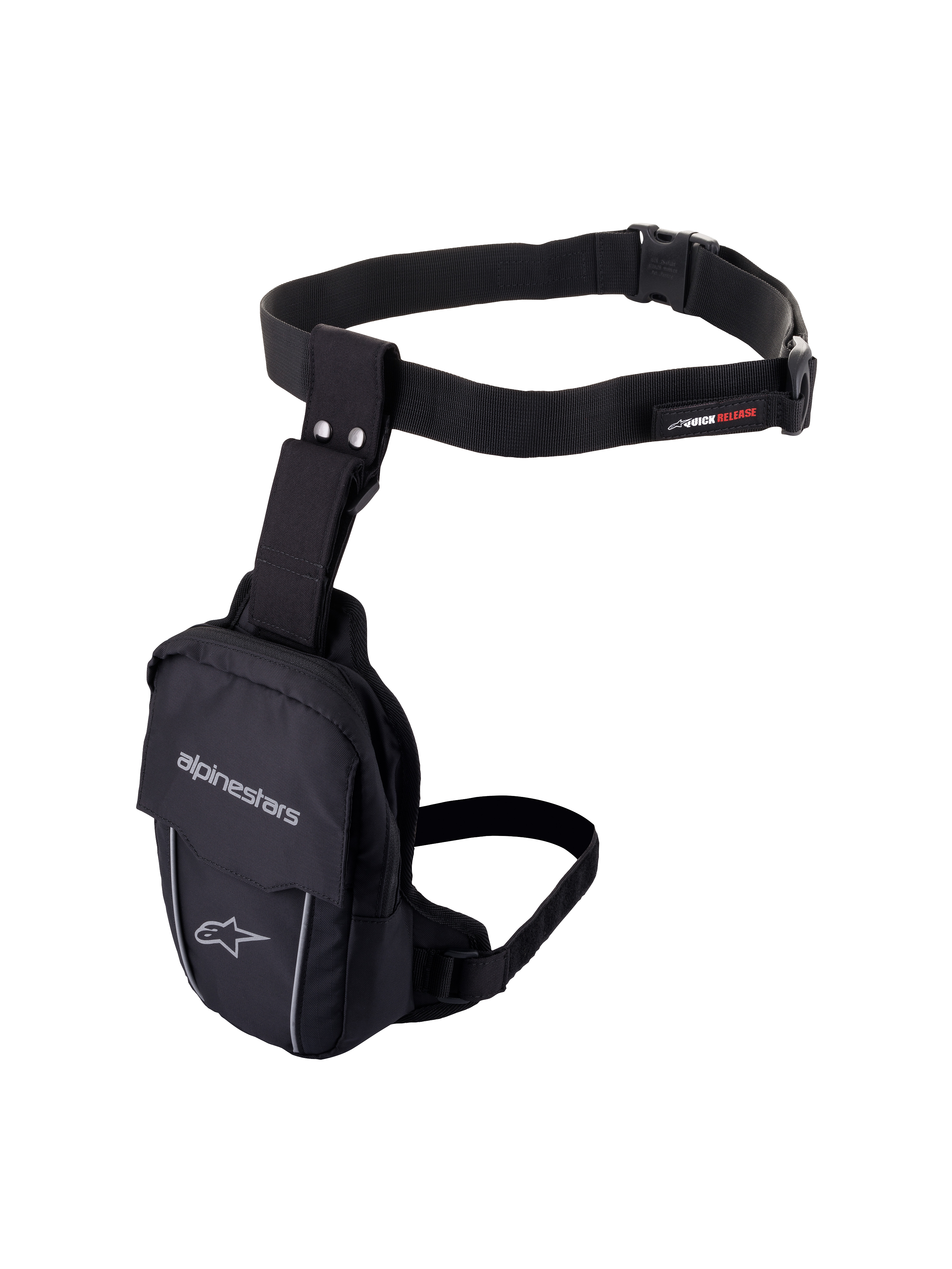 Alpinestars Access Thigh Bag, bolsa de perna para motociclismo preta, construção têxtil durável com cinto de cintura ajustável e correia de coxa, com marca Alpinestars, frisos refletores e fivela de libertação rápida, design ergonómico para transporte de pequenos objetos essenciais.