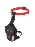 Alpinestars Access Thigh Bag, bolsa de coxa para motociclismo, preta, vermelha e branca, com uma correia de cintura ajustável vermelha com fivela de libertação rápida, correia de coxa preta, logótipo Alpinestars na aba frontal e painéis brancos refletores com detalhes vermelhos para visibilidade.