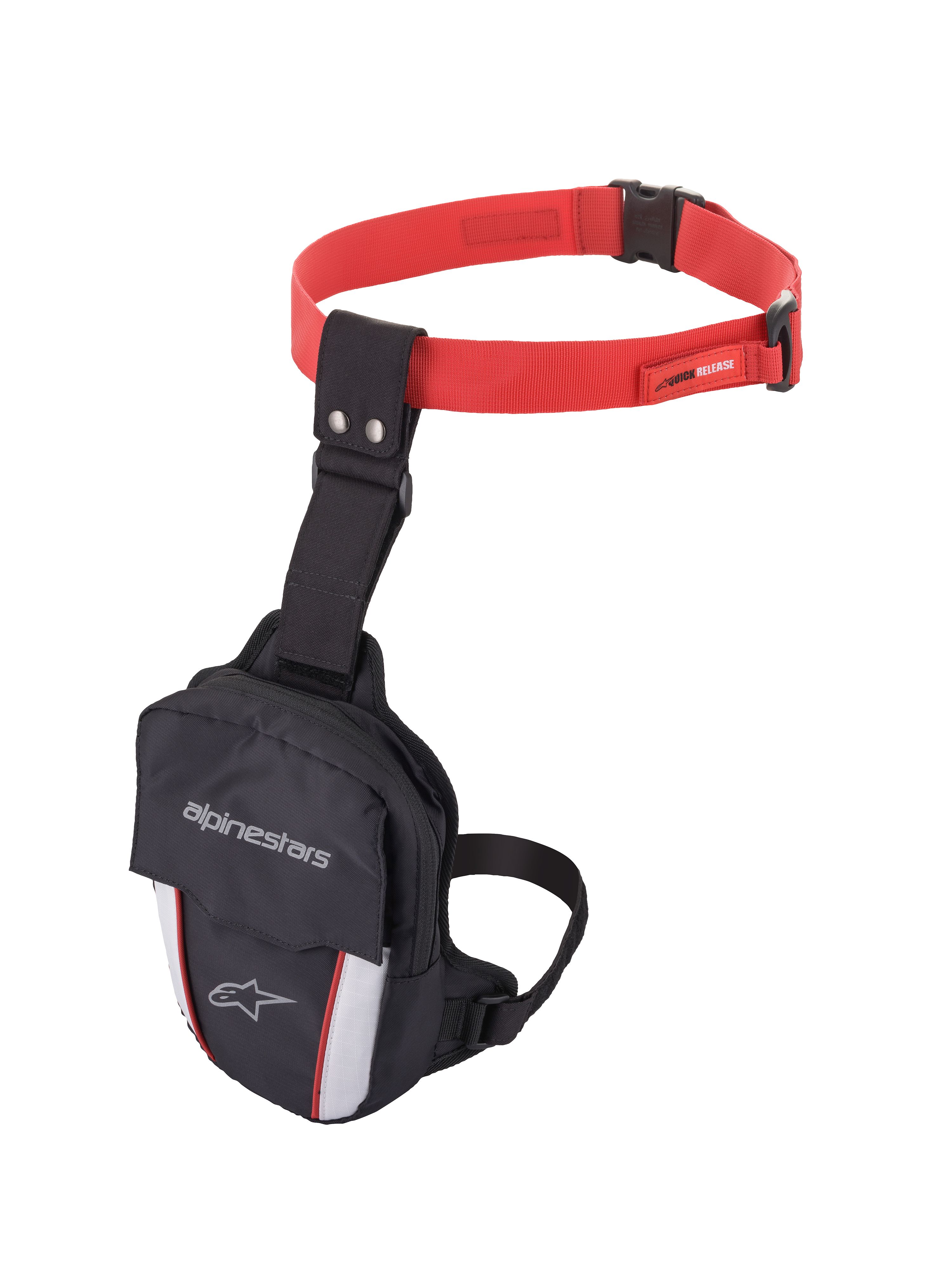 Alpinestars Access Thigh Bag, bolsa de coxa para motociclismo, preta, vermelha e branca, com uma correia de cintura ajustável vermelha com fivela de libertação rápida, correia de coxa preta, logótipo Alpinestars na aba frontal e painéis brancos refletores com detalhes vermelhos para visibilidade.