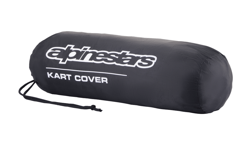 Bolsa de armazenamento da Capa para Kart Alpinestars, preta, com logótipo Alpinestars branco e texto 'KART COVER', forma cilíndrica com fecho de cordão, design compacto e portátil para equipamento de desporto motorizado