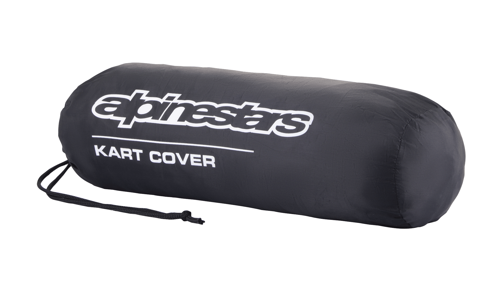 Bolsa de armazenamento da Capa para Kart Alpinestars, preta, com logótipo Alpinestars branco e texto 'KART COVER', forma cilíndrica com fecho de cordão, design compacto e portátil para equipamento de desporto motorizado