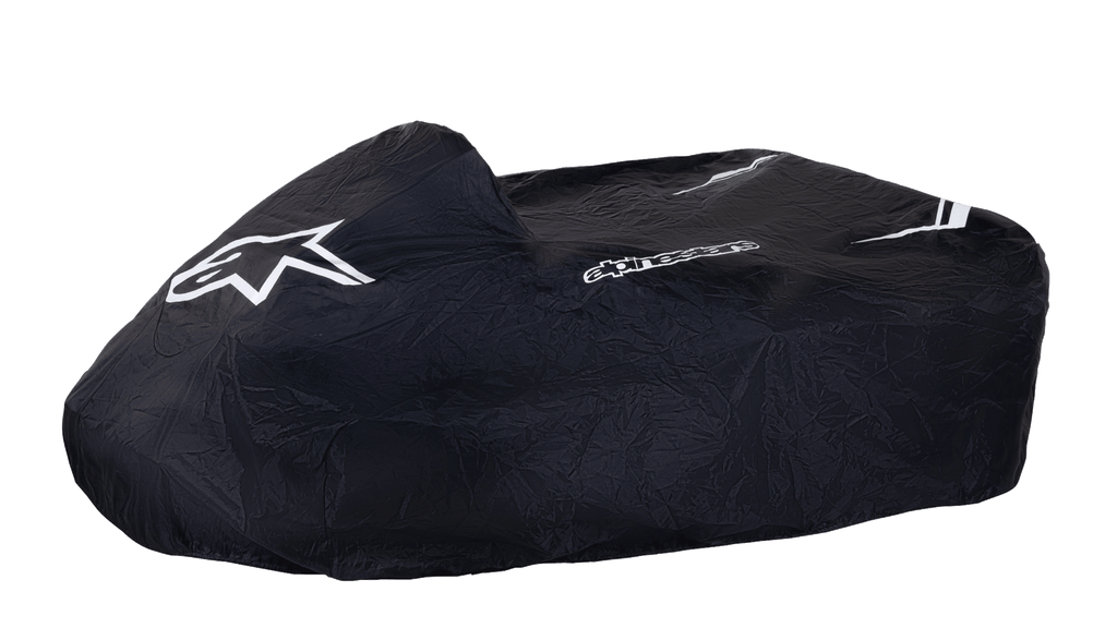 Alpinestars Kart Cover, capa protetora para kart, preta com logótipo de estrela e logótipo nominativo Alpinestars em branco, tecido durável resistente às intempéries com riscas brancas, design estruturado para proteção no paddock