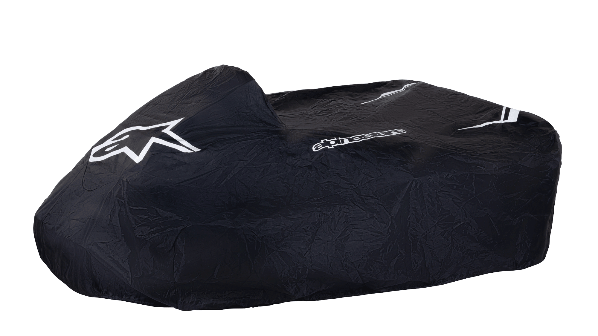 Alpinestars Kart Cover, capa protetora para kart, preta com logótipo de estrela e logótipo nominativo Alpinestars em branco, tecido durável resistente às intempéries com riscas brancas, design estruturado para proteção no paddock