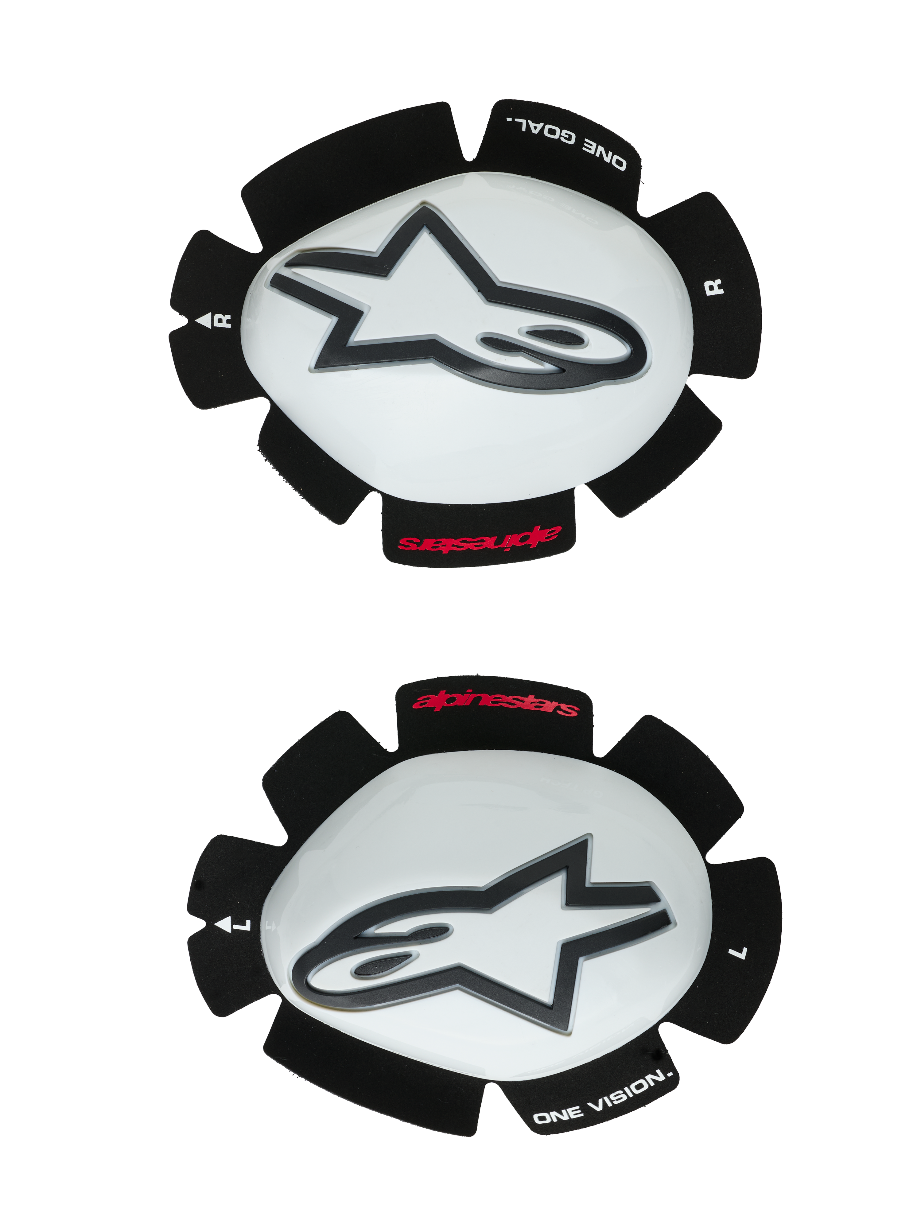 Alpinestars GP Tech Knee Sliders, deslizadores de joelho para motociclismo, brancos e pretos, conjunto de deslizadores esquerdo e direito com capas de plástico branco e logótipos Astar pretos, base de velcro com a inscrição 'ONE GOAL ONE VISION', equipamento de corrida de alta performance
