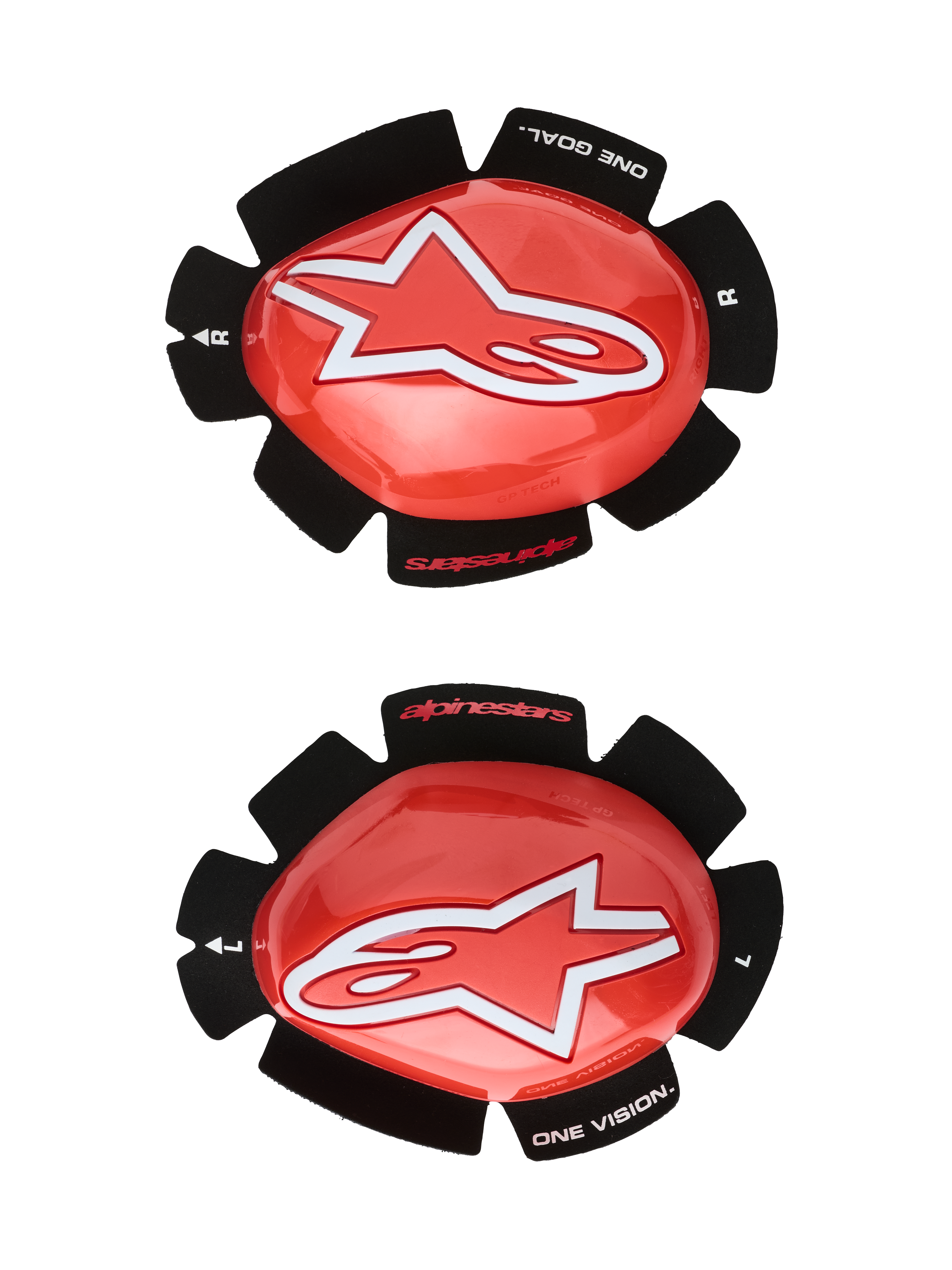 Alpinestars GP Tech Knee Sliders, vermelhos e brancos, protetores de joelho para competição de motociclismo, logótipo de estrela branca em plástico vermelho brilhante, texto 'ONE GOAL. ONE VISION.' em suporte de velcro preto em forma de pétala, par esquerdo e direito para uso em pista