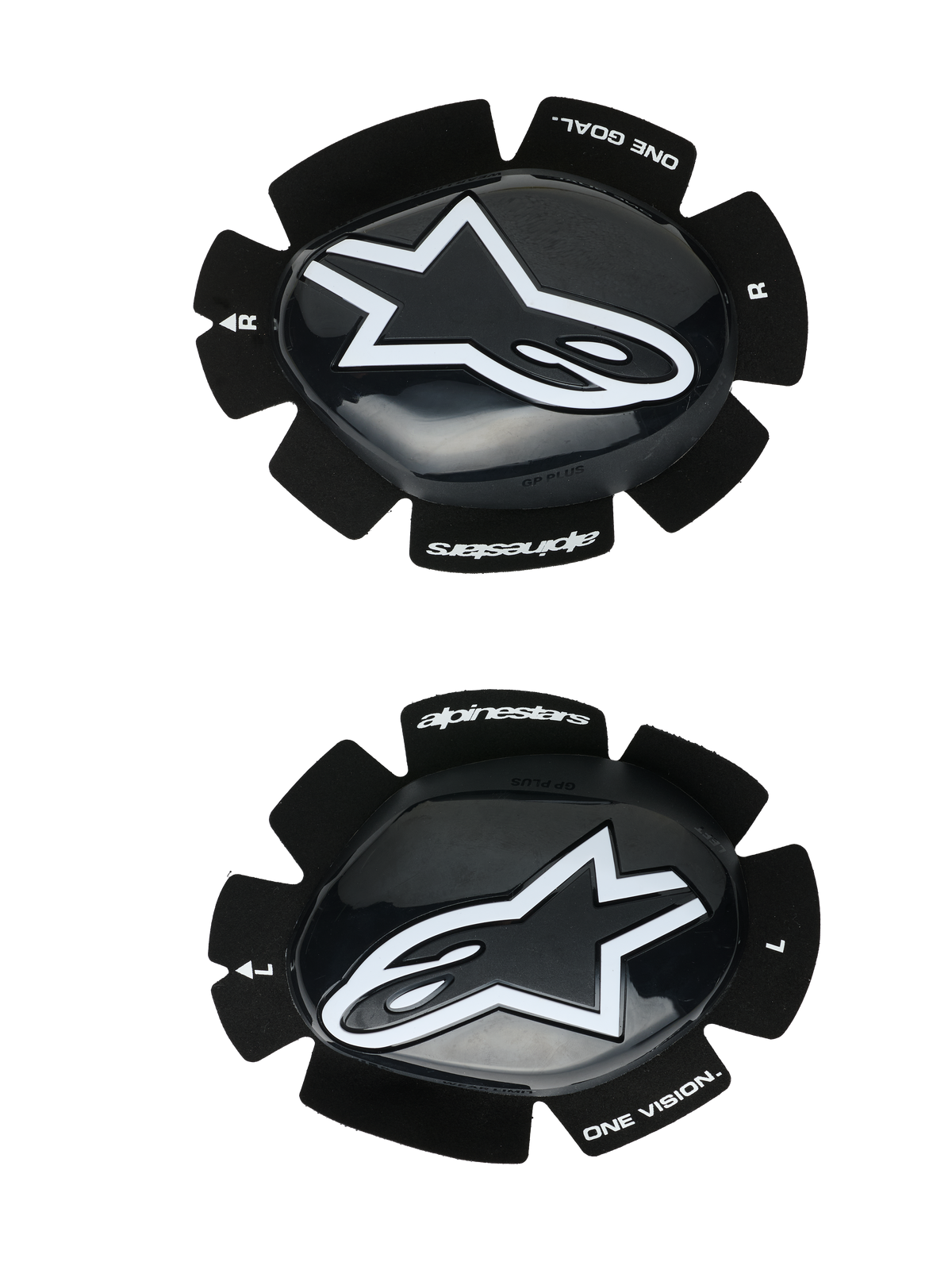 Alpinestars GP Plus Knee Sliders, deslizadores de joelho para motociclismo, pretos e brancos, acabamento brilhante com logótipo de estrela branca, sistema de fixação por velcro, marca "One Goal One Vision", conjunto esquerdo e direito